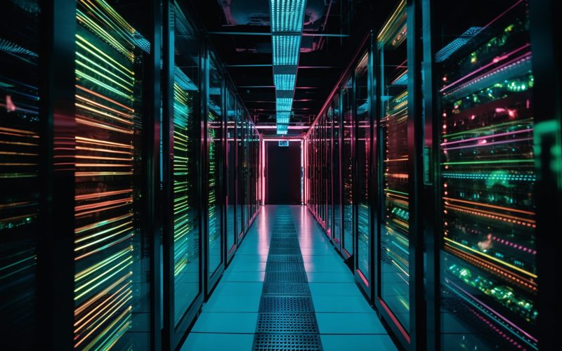 Futuristic computer equipment glows in dark, connected by network server generated by artificial intelligence