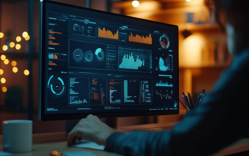 A person sits at a desk in a dimly lit room, working on a computer. The screen displays a variety of charts and graphs, likely related to business or finance. The person is using a keyboard to input data or analyze the information displayed on the screen.